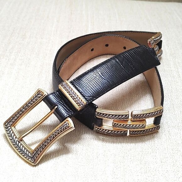 Brighton Black Snake Embossed Leather Belt Gold & Silver Buckle Loop & Links - Picture 1 of 11